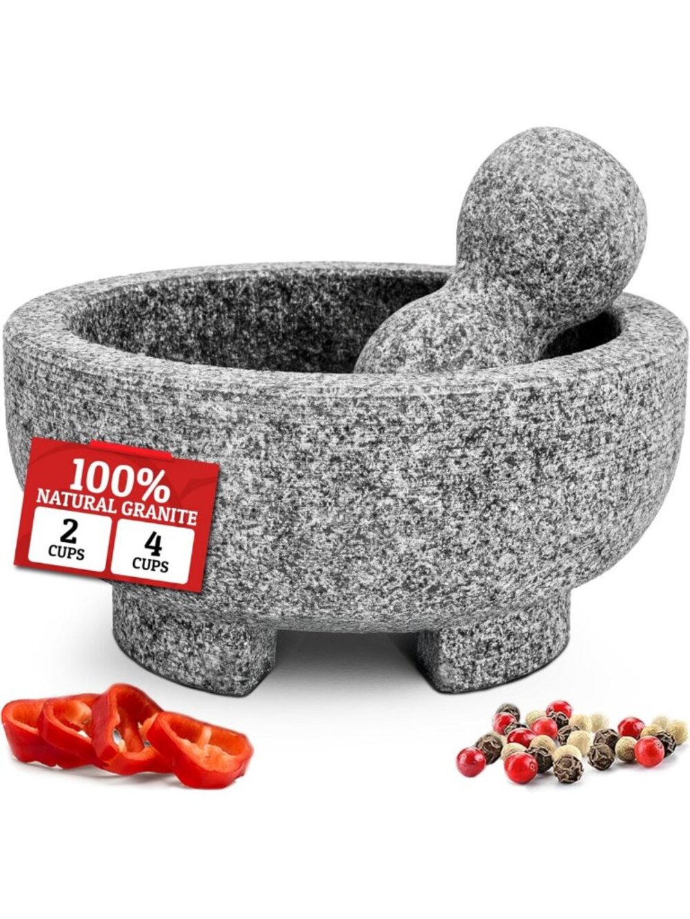 Natural Stone Mortar and Pestle Set - 8" Granite Bowl for Spices, Guacamole